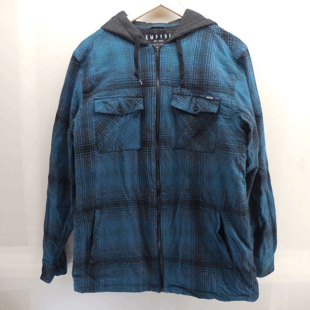 Empyre Shadow Plaid‎ Ski Snowboarding Jacket Men's L Blue Black Full Zip Hooded